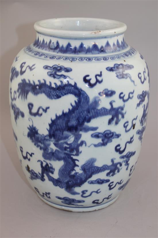 A Chinese blue and white ovoid vase, in Transitional style, 25.5cm